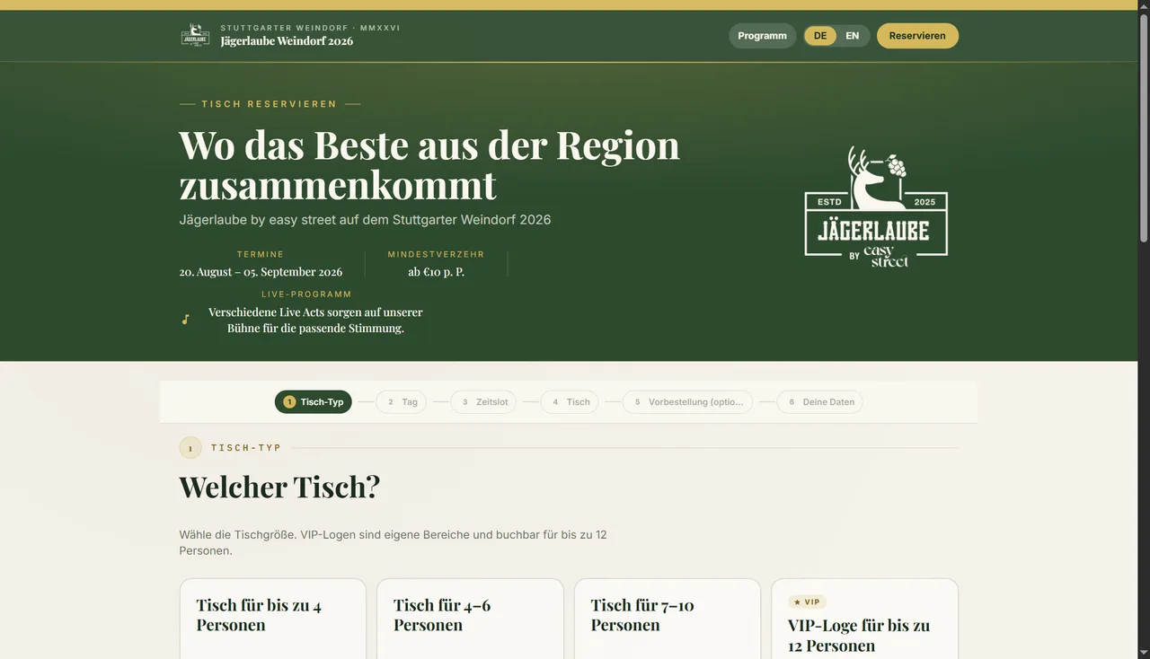 Reservierungsseite der Jägerlaube auf dem Stuttgarter Weindorf mit Terminen und Buchungsstart